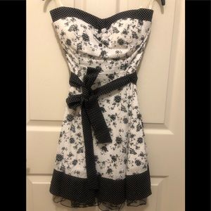 Strapless Black & White Floral Print & Polkadots Eyelet Dress